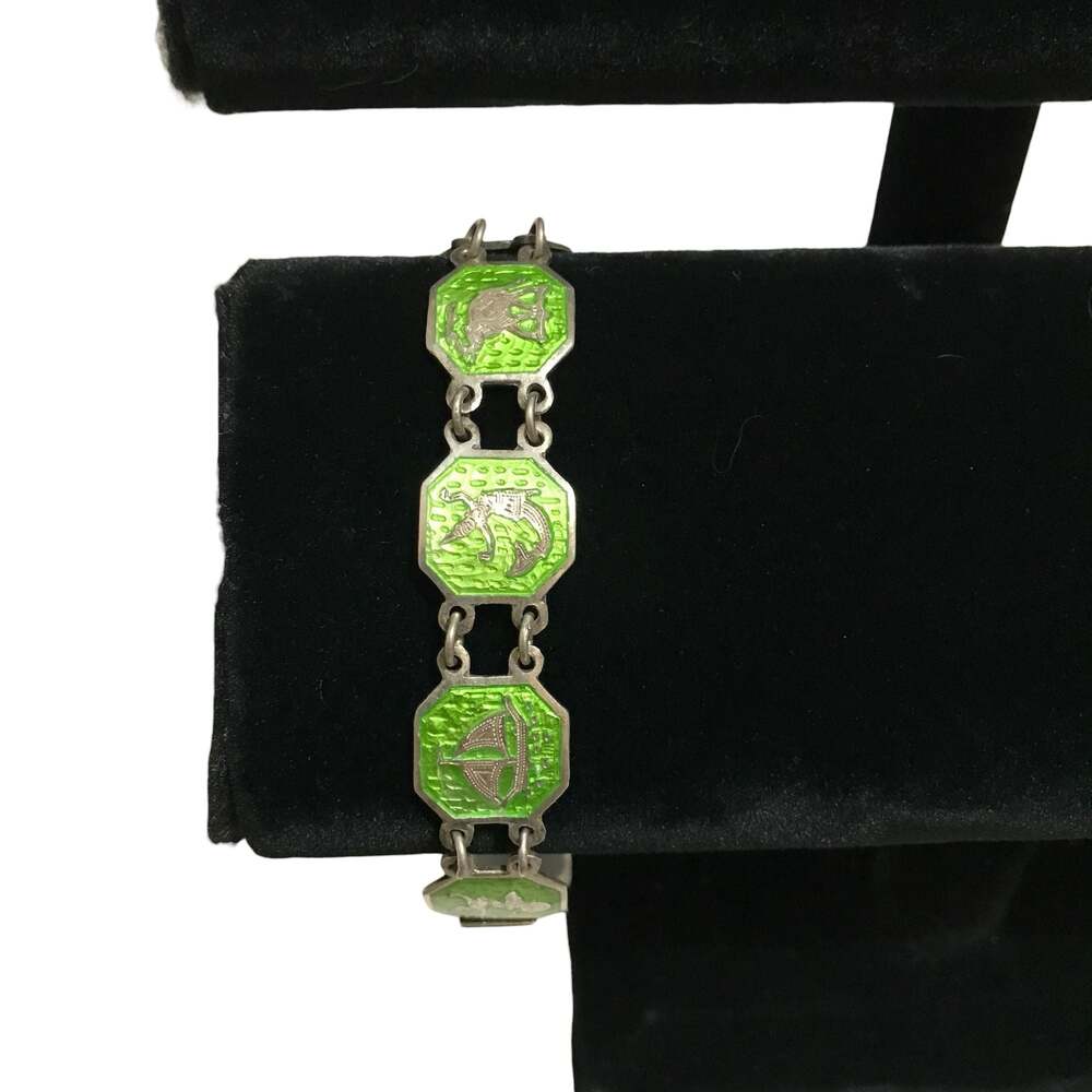 Vintage Siam Niello Green Enamel Panel Bracelet Sterling Silver Pierce Mekkalah